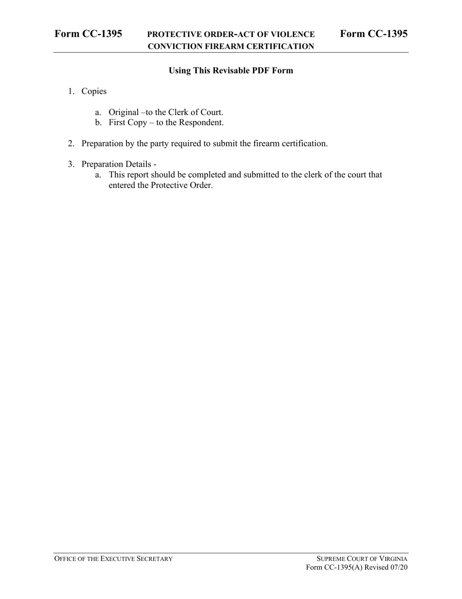 Instructions for Form CC-1395(A) Protective Order - Act of Violence Conviction Firearm Certification - Virginia, Page 3