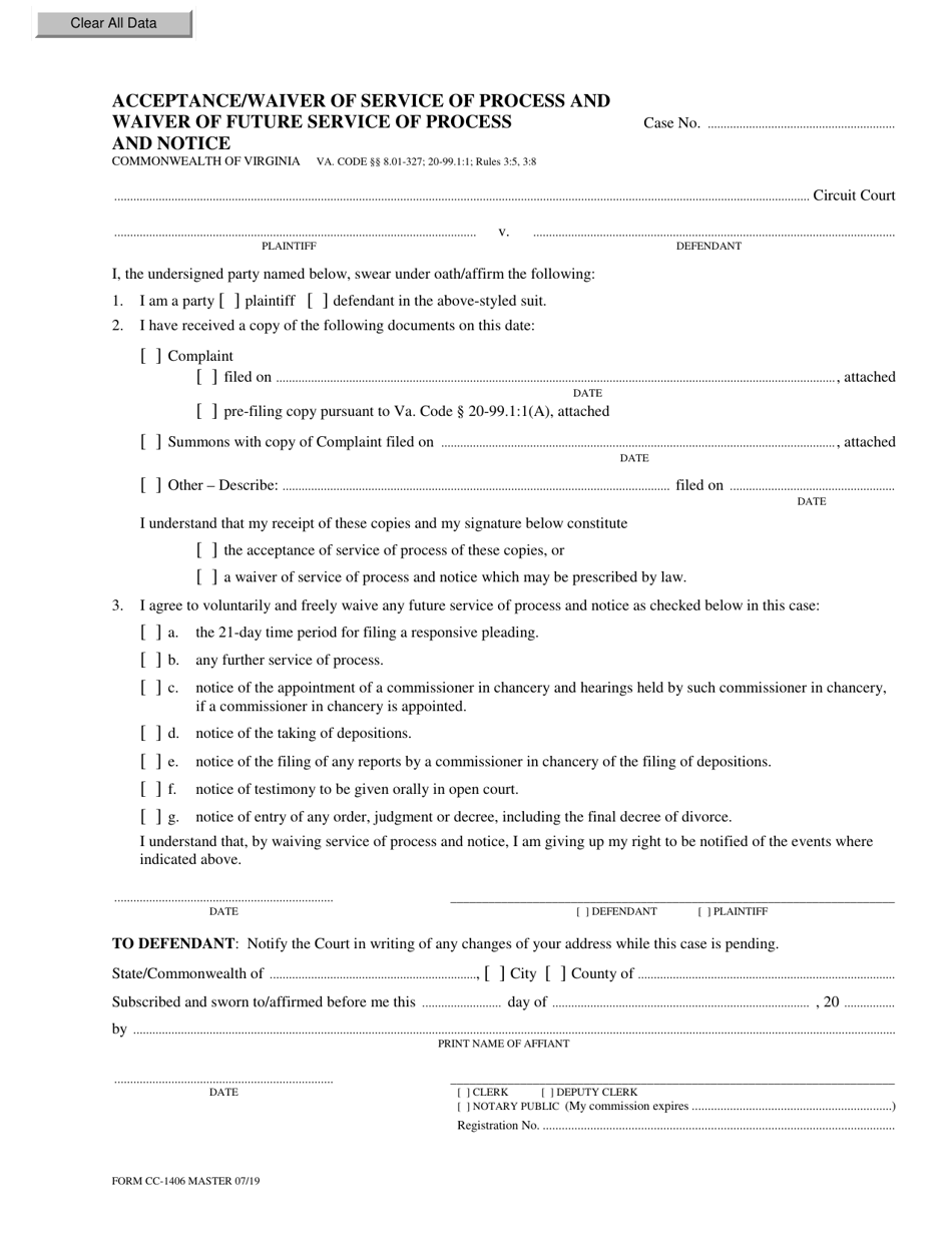 Form CC-1406 Acceptance / Waiver of Service of Process and Waiver of Future Service of Process and Notice - Virginia, Page 1