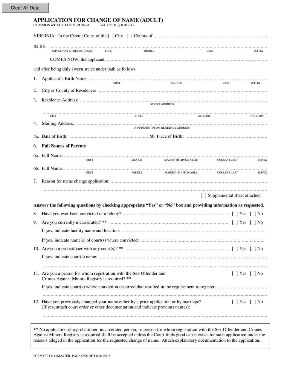 Form CC-1411 Application for Change of Name (Adult) - Virginia, Page 1