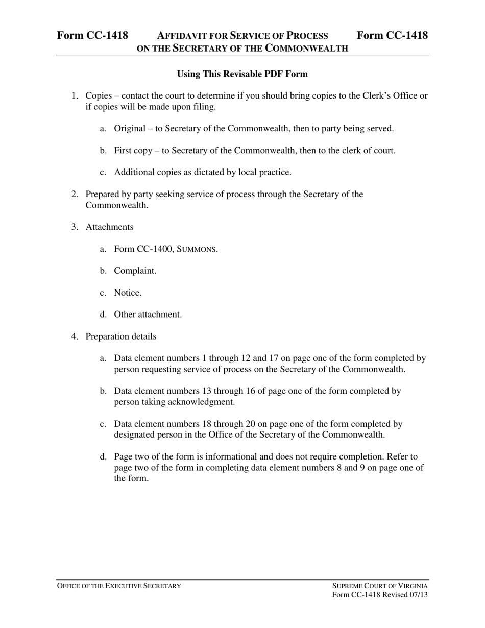 Instructions for Form CC-1418 Affidavit for Service of Process on the Secretary of the Commonwealth - Virginia, Page 1