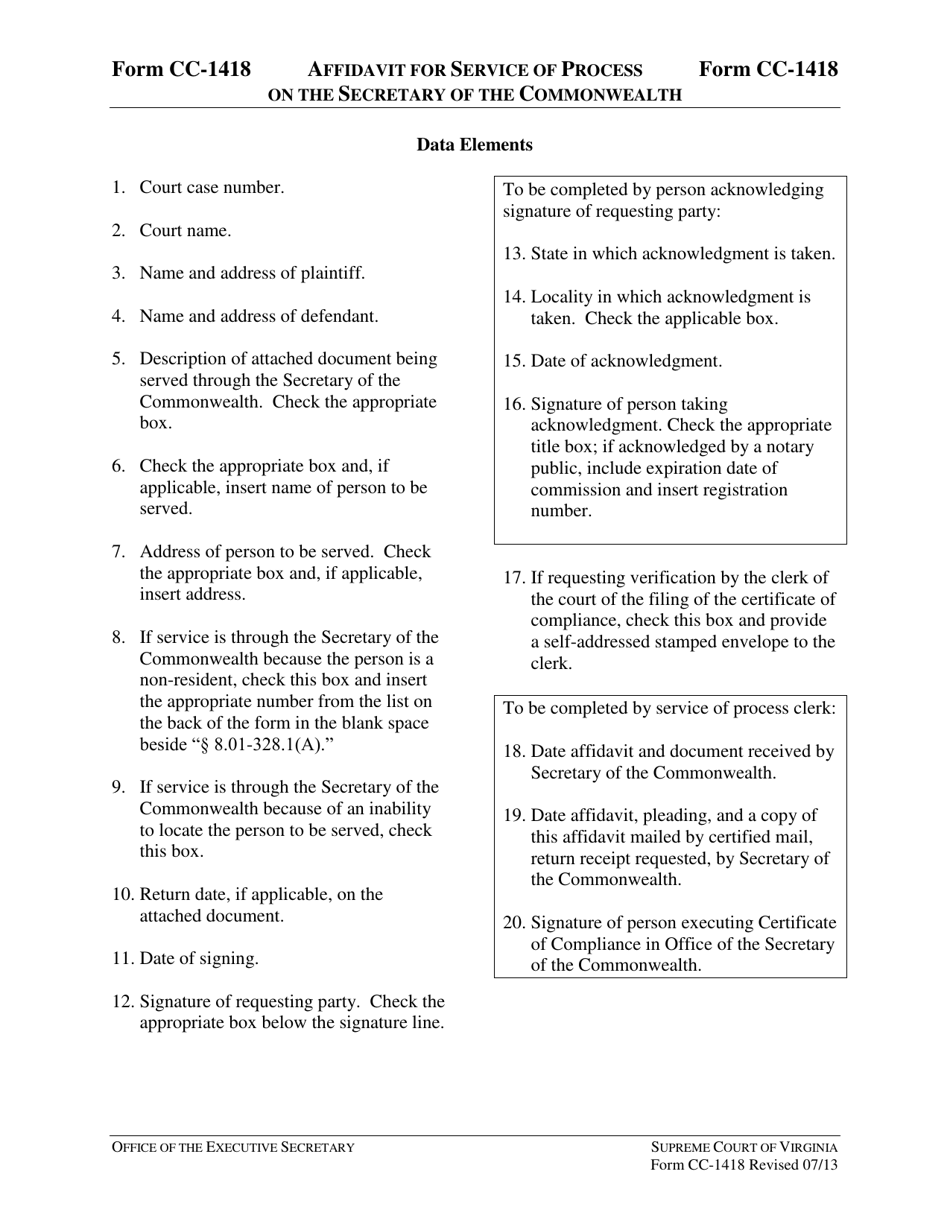 Instructions for Form CC-1418 Affidavit for Service of Process on the Secretary of the Commonwealth - Virginia, Page 3