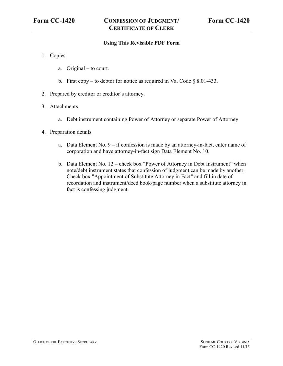 Instructions for Form CC-1420 Confession of Judgment / Certificate of Clerk - Virginia, Page 1