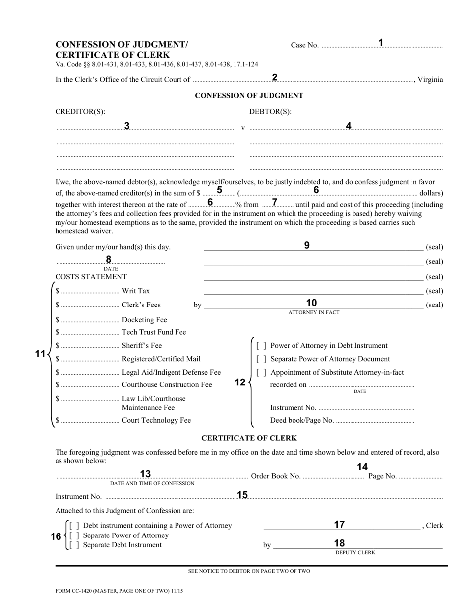 Instructions for Form CC-1420 Confession of Judgment / Certificate of Clerk - Virginia, Page 2