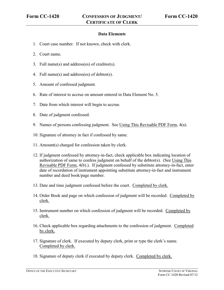 Instructions for Form CC-1420 Confession of Judgment / Certificate of Clerk - Virginia, Page 3