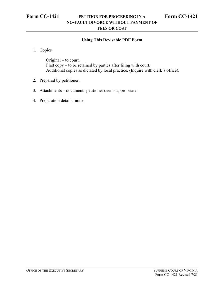 Instructions for Form CC-1421 Petition for Proceeding in a No-Fault Divorce Without Payment of Fees or Costs - Virginia, Page 3