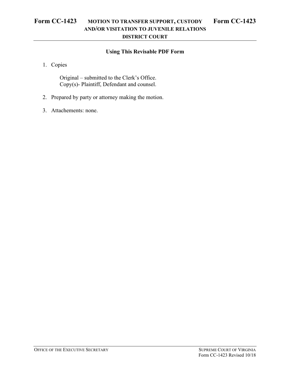 Instructions for Form CC-1423 Motion to Transfer Support, Custody and / or Visitation to Juvenile and Domestic Relations District Court - Virginia, Page 1
