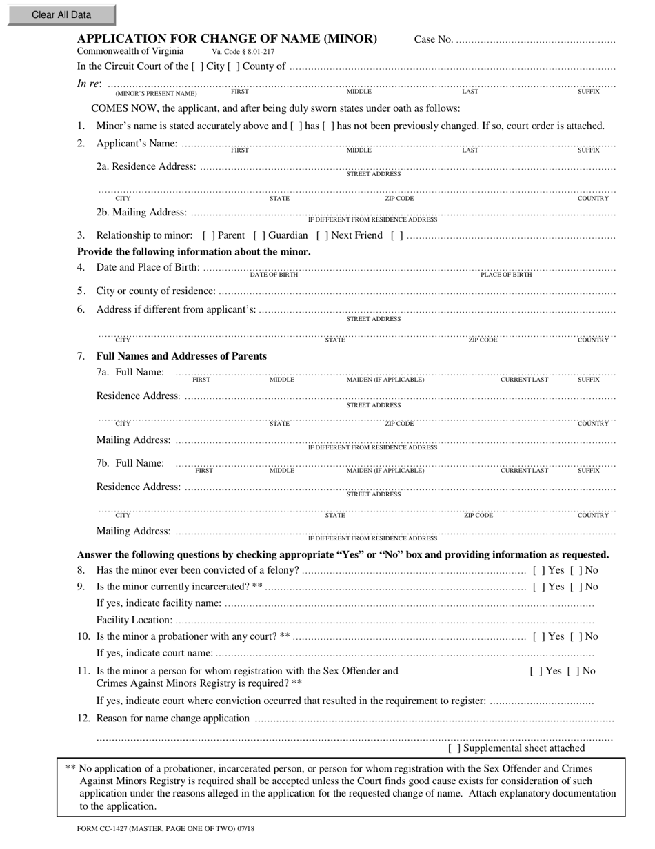 Form CC-1427 Application for Change of Name (Minor) - Virginia, Page 1
