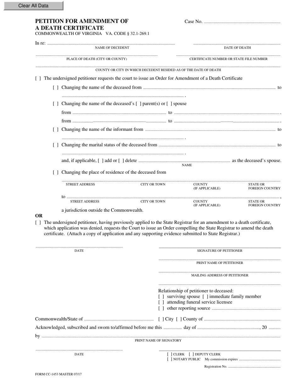 Form CC-1453 Petition for Amendment of a Death Certificate - Virginia, Page 1