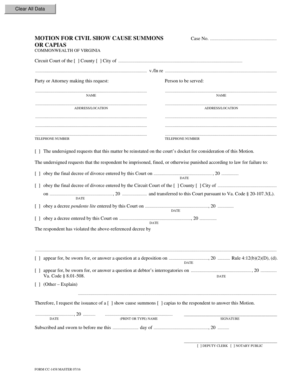 Form CC-1458 Motion for Civil Show Cause Summons or Capias - Virginia, Page 1