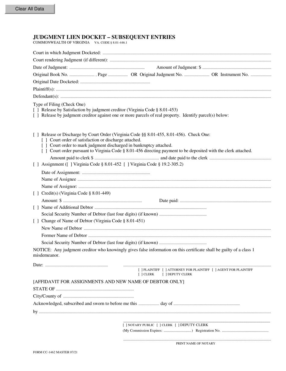 Form CC-1462 Judgment Lien Docket - Subsequent Entries - Virginia, Page 1