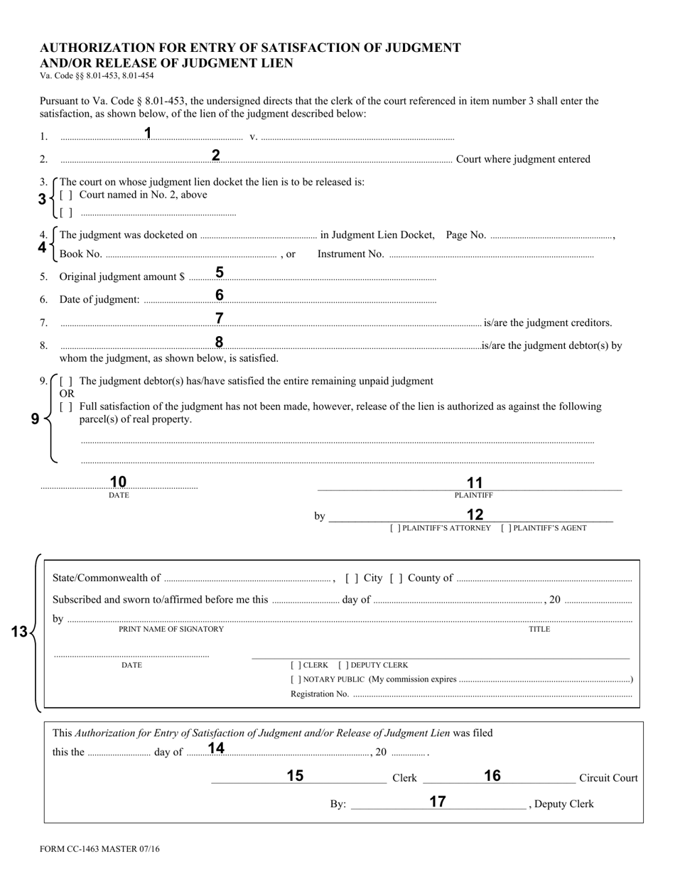 Instructions for Form CC-1463 Authorization for Entry of Satisfaction of Judgment and / or Release of Judgment Lien - Virginia, Page 1