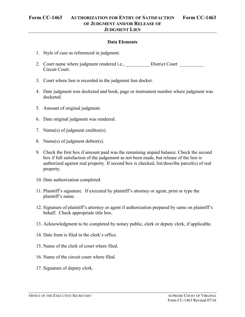 Instructions for Form CC-1463 Authorization for Entry of Satisfaction of Judgment and / or Release of Judgment Lien - Virginia, Page 3