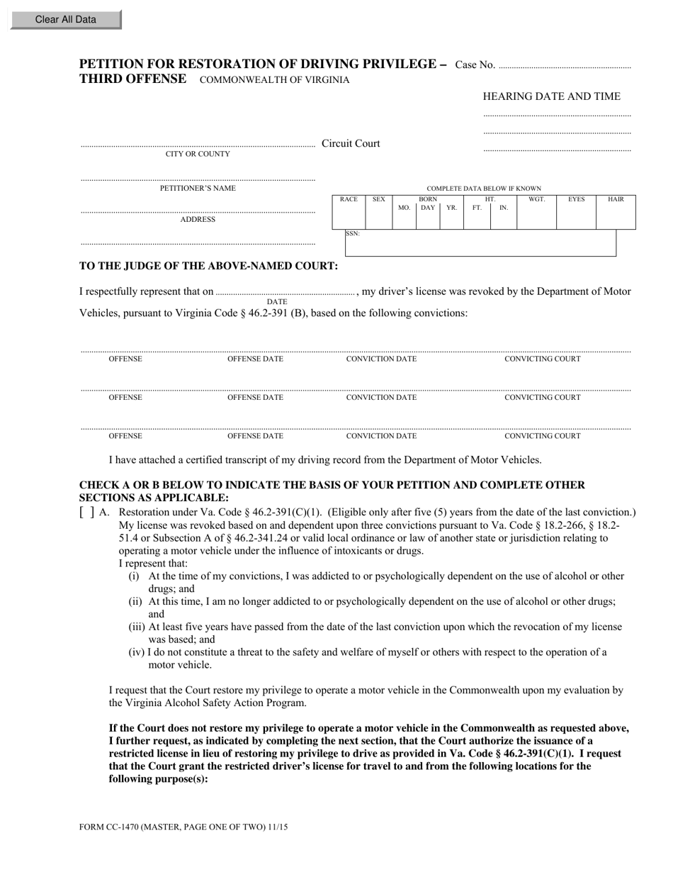 Form CC-1470 Petition for Restoration of Driving Privilege - Third Offense - Virginia, Page 1