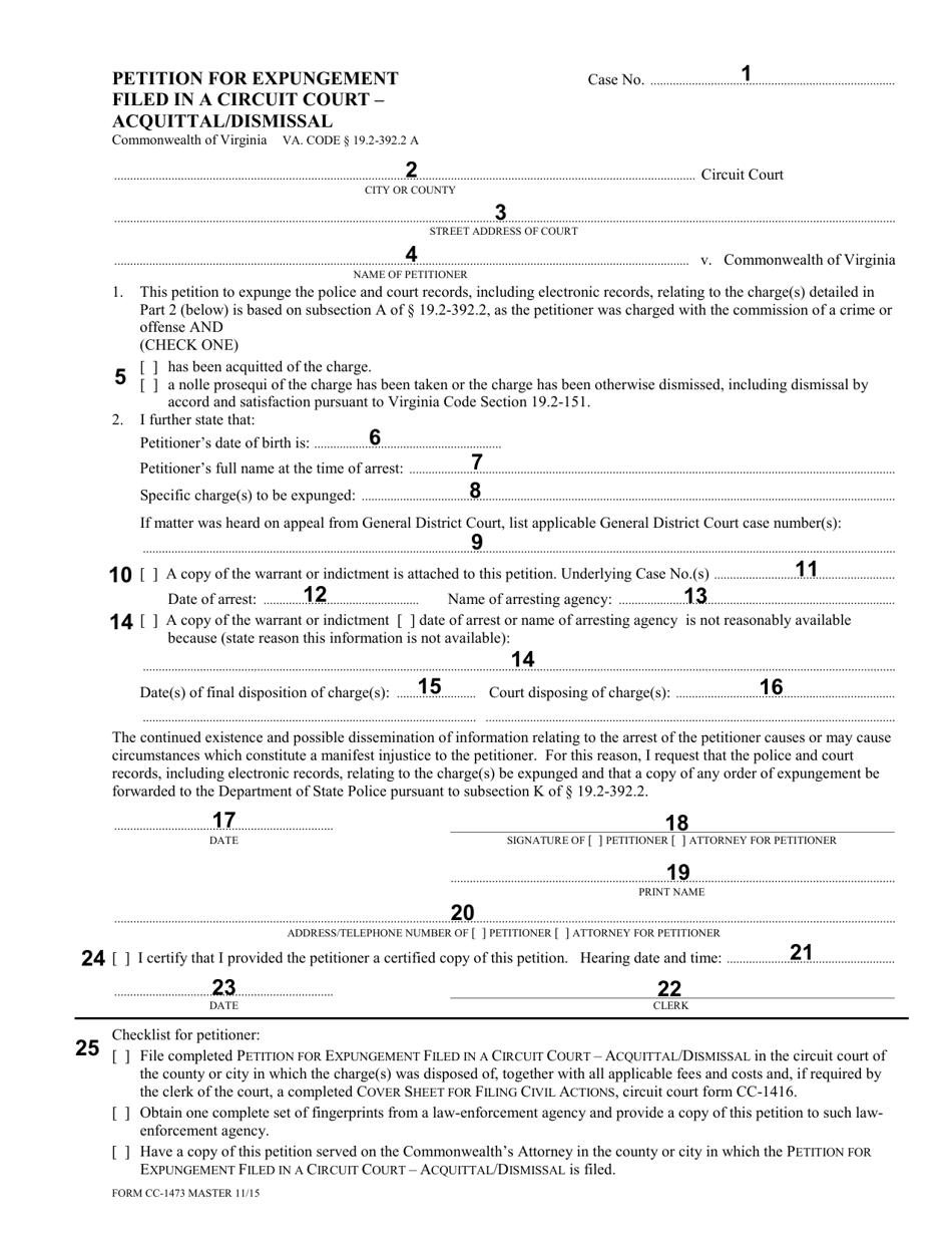 Instructions for Form CC-1473 Petition for Expungement Filed in a Circuit Court - Acquittal / Dismissal - Virginia, Page 2