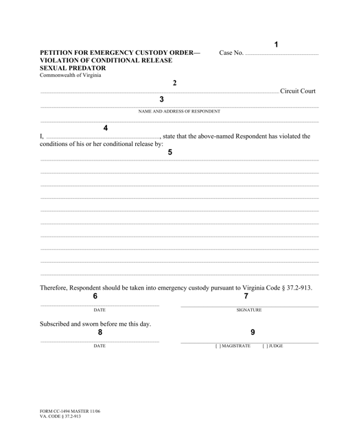 Instructions for Form CC-1494 Petition for Emergency Custody Order Violation of Conditional Release Sexual Predator - Virginia