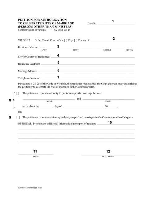 Instructions for Form CC-1498 Petition for Authorization to Celebrate Rites of Marriage (Persons Other Than Ministers) - Virginia