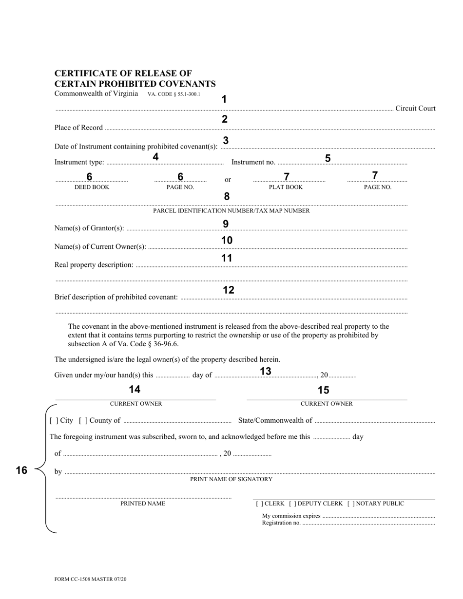 Instructions for Form CC-1508 Certificate of Release of Certain Prohibited Covenants - Virginia, Page 1