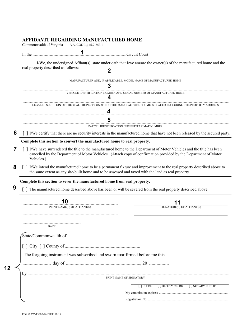 Instructions for Form CC-1560 Affidavit Regarding Manufactured Home - Virginia, Page 1