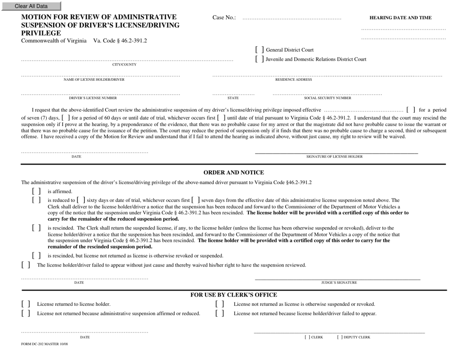 Form DC-202 Motion for Review of Administrative Hearing Date and Time Suspension of Drivers License / Driving Privilege - Virginia, Page 1