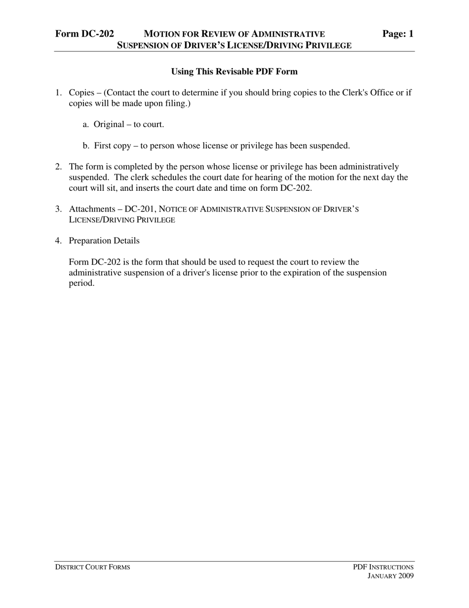 Instructions for Form DC-202 Motion for Review of Administrative Suspension of Drivers License / Driving Privilege - Virginia, Page 1
