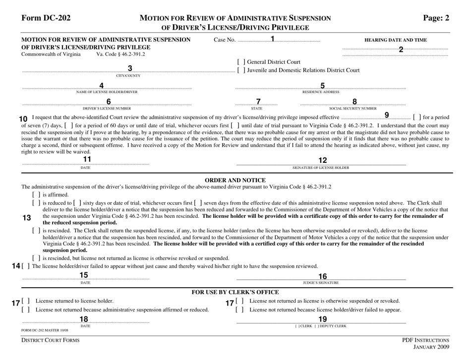 Instructions for Form DC-202 Motion for Review of Administrative Suspension of Drivers License / Driving Privilege - Virginia, Page 2