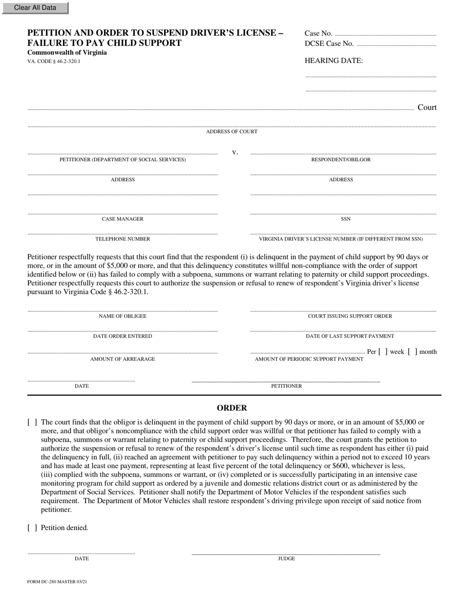 Form DC-280 Petition and Order to Suspend Drivers License - Failure to Pay Child Support - Virginia, Page 1