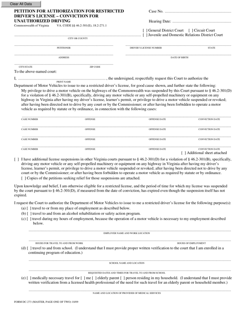 Form DC-273 Petition for Authorization for Restricted Driver's License - Conviction for Unauthorized Driving - Virginia
