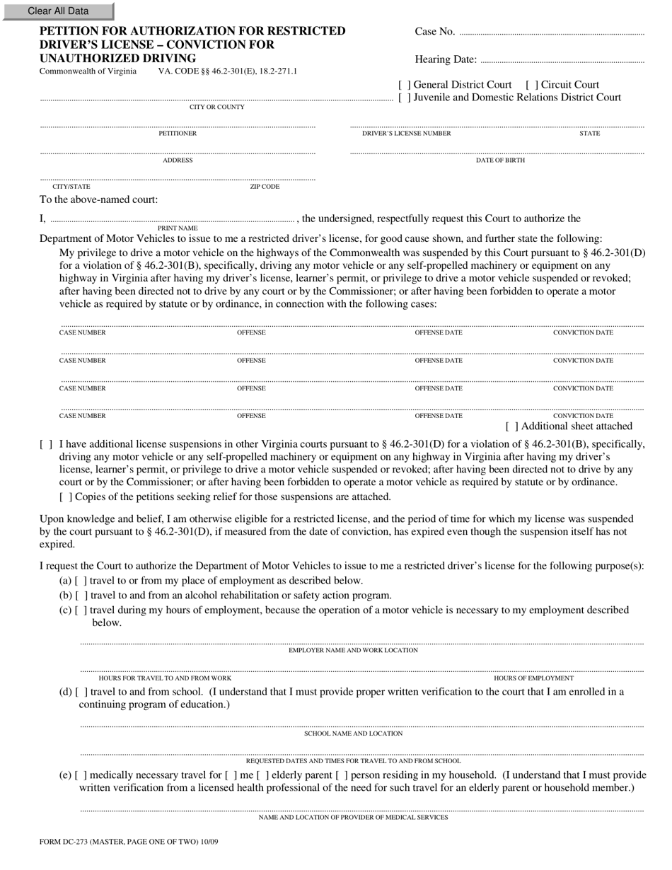 Form DC-273 Petition for Authorization for Restricted Drivers License - Conviction for Unauthorized Driving - Virginia, Page 1