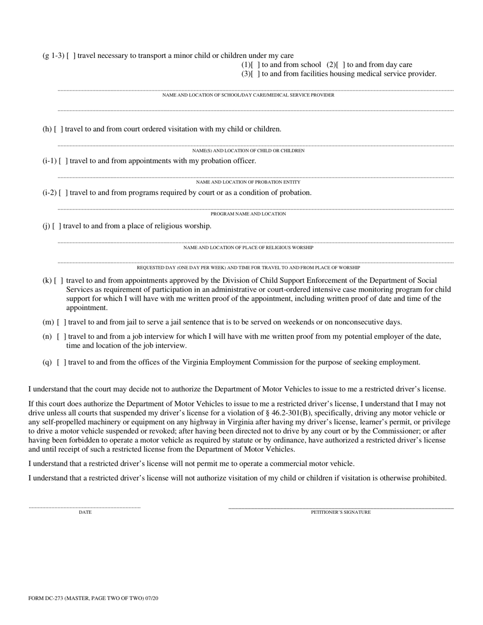 Form DC-273 Petition for Authorization for Restricted Drivers License - Conviction for Unauthorized Driving - Virginia, Page 2