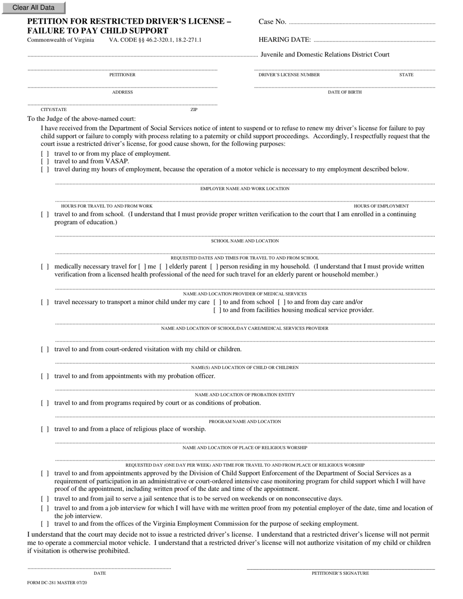 Form DC-281 Petition for Restricted Drivers License - Failure to Pay Child Support - Virginia, Page 1