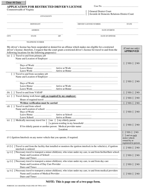 Form DC-263 Application for Restricted Driver's License - Virginia