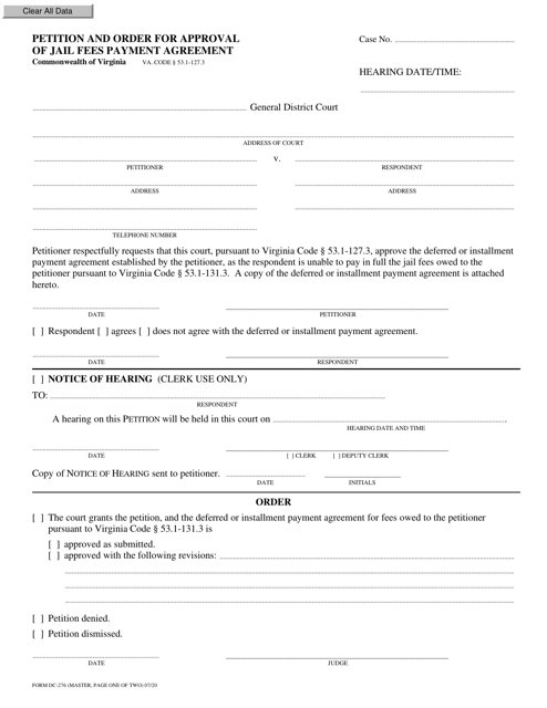 Form DC-276 Petition and Order for Approval of Jail Fees Payment Agreement - Virginia