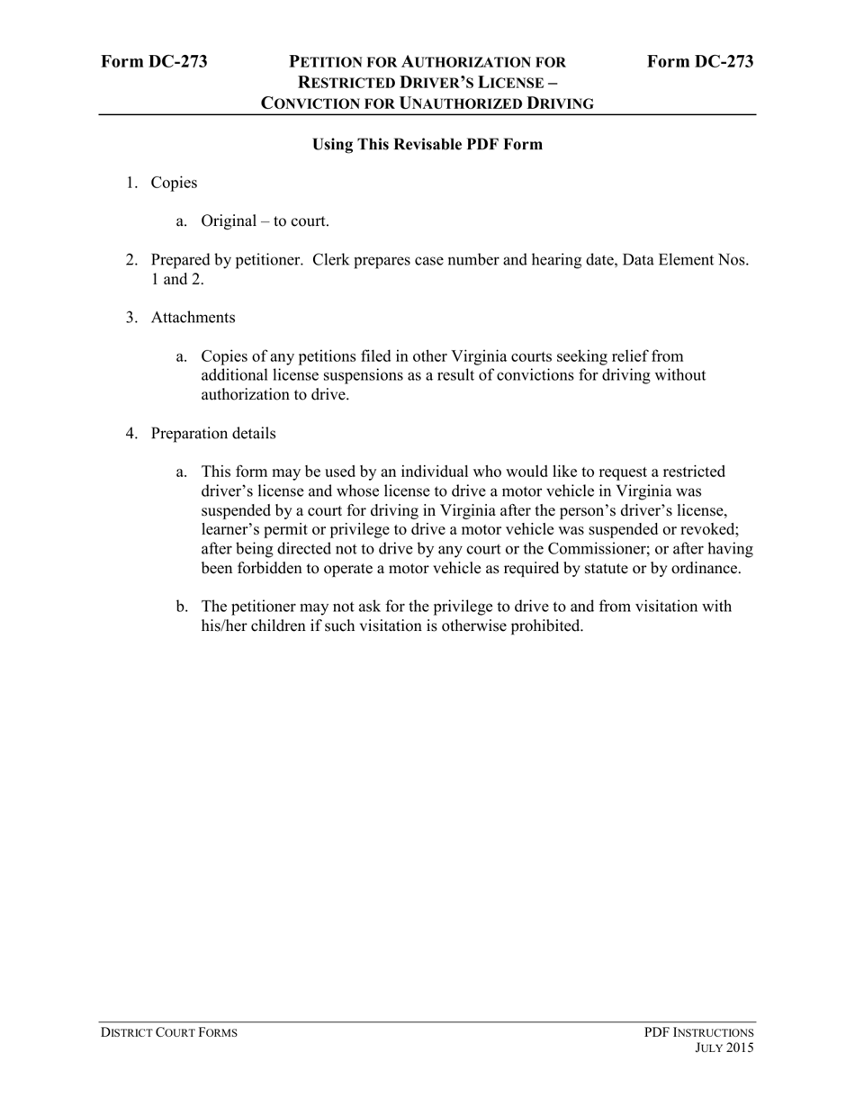 Instructions for Form DC-273 Petition for Authorization for Restricted Drivers License - Conviction for Unauthorized Driving - Virginia, Page 1