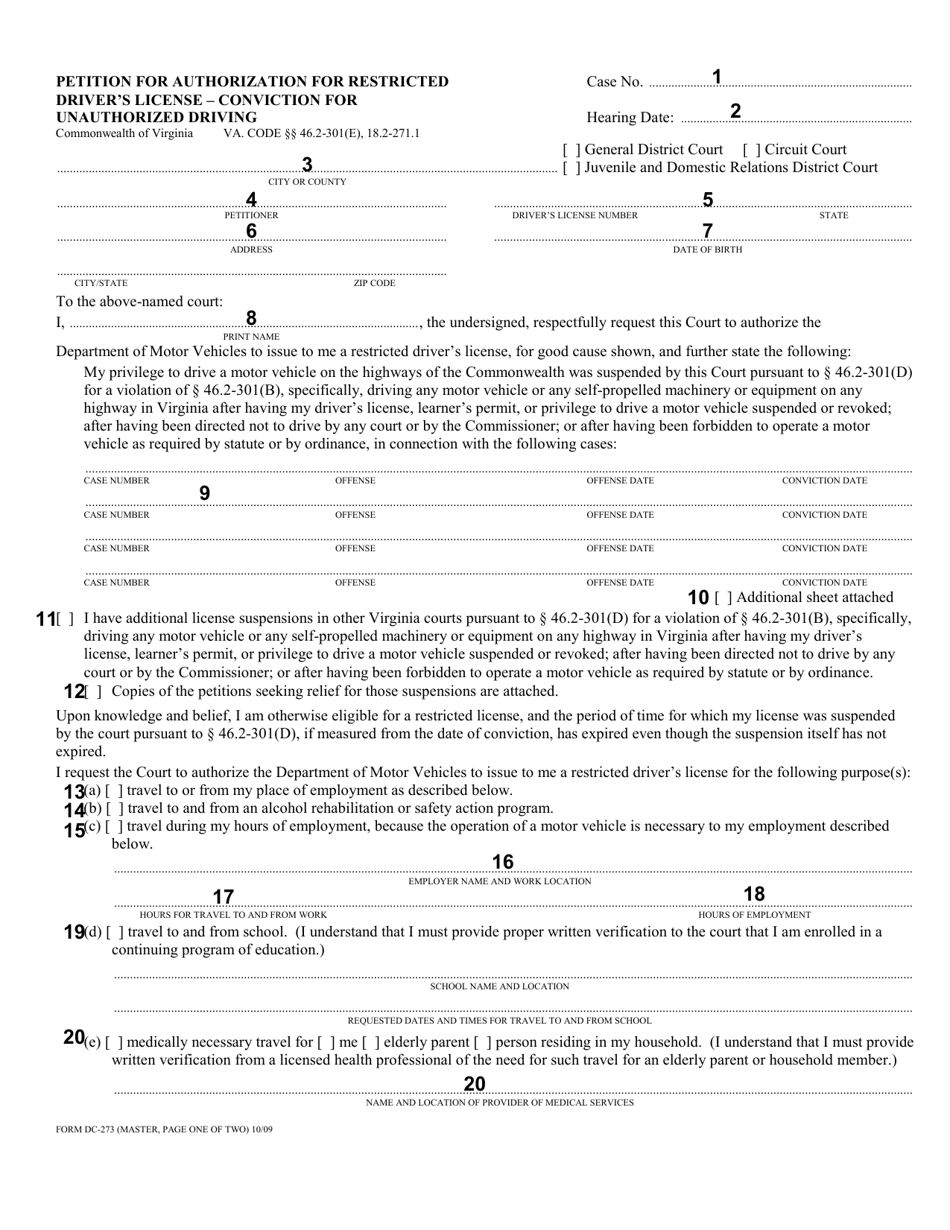 Instructions for Form DC-273 Petition for Authorization for Restricted Drivers License - Conviction for Unauthorized Driving - Virginia, Page 2
