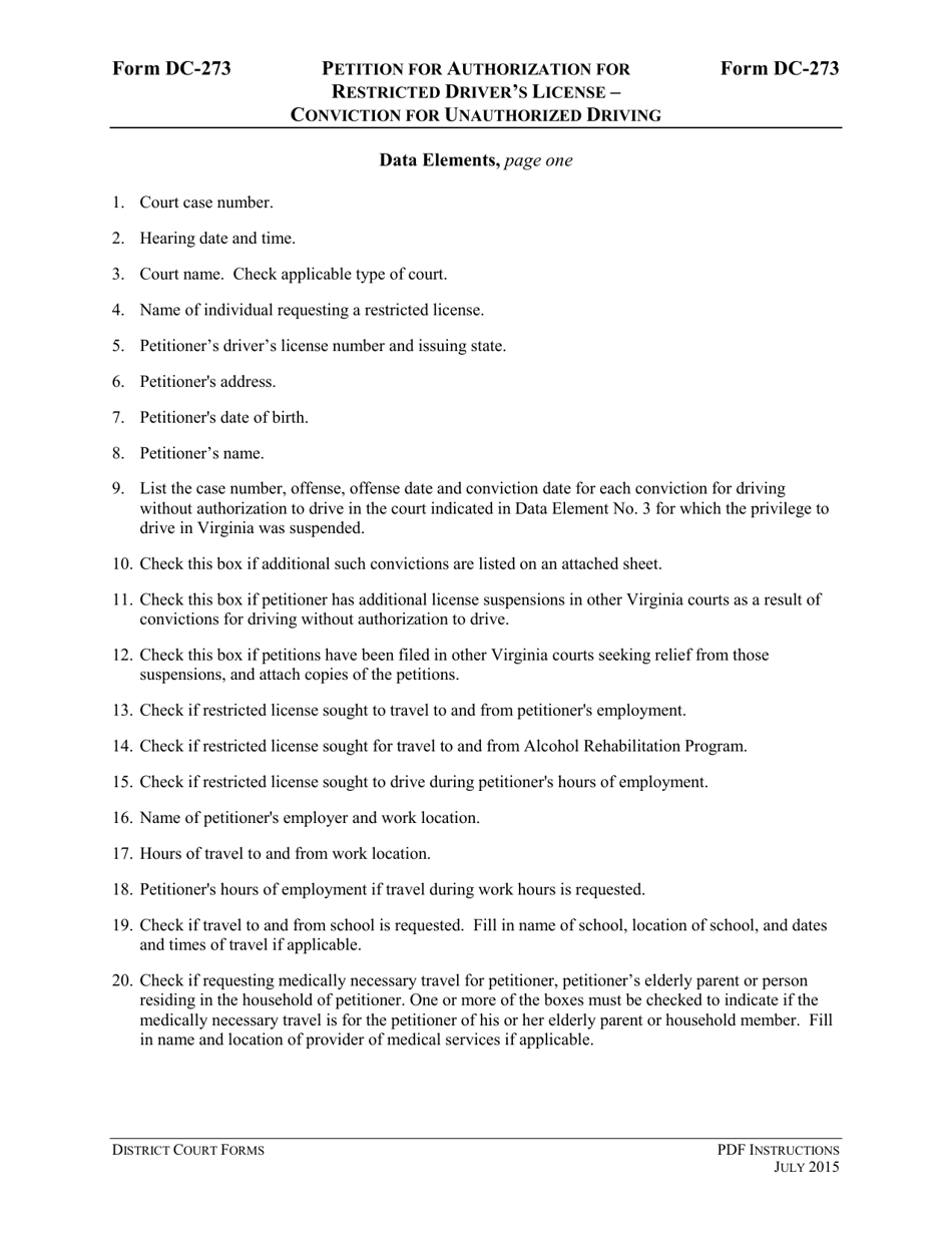 Instructions for Form DC-273 Petition for Authorization for Restricted Drivers License - Conviction for Unauthorized Driving - Virginia, Page 3