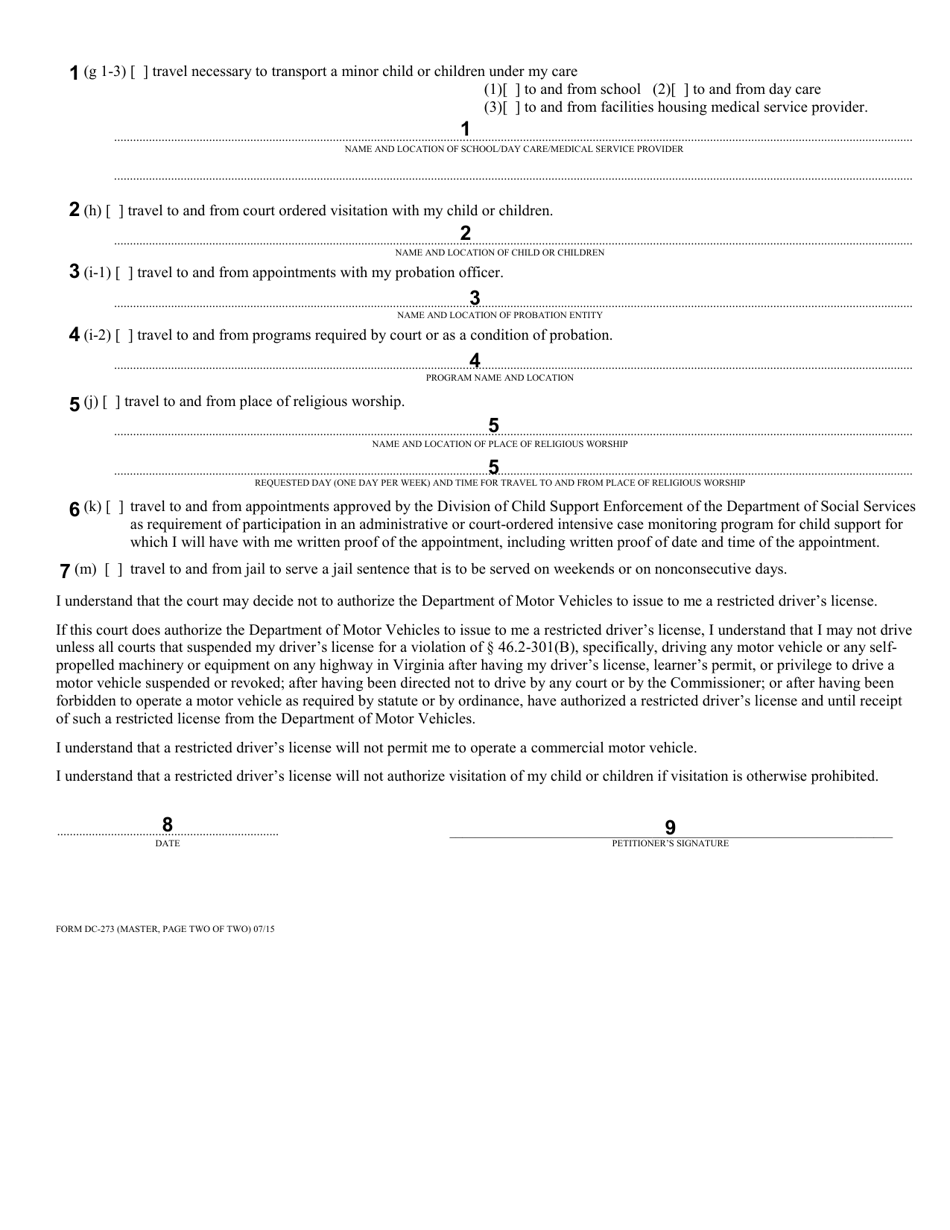 Instructions for Form DC-273 Petition for Authorization for Restricted Drivers License - Conviction for Unauthorized Driving - Virginia, Page 4