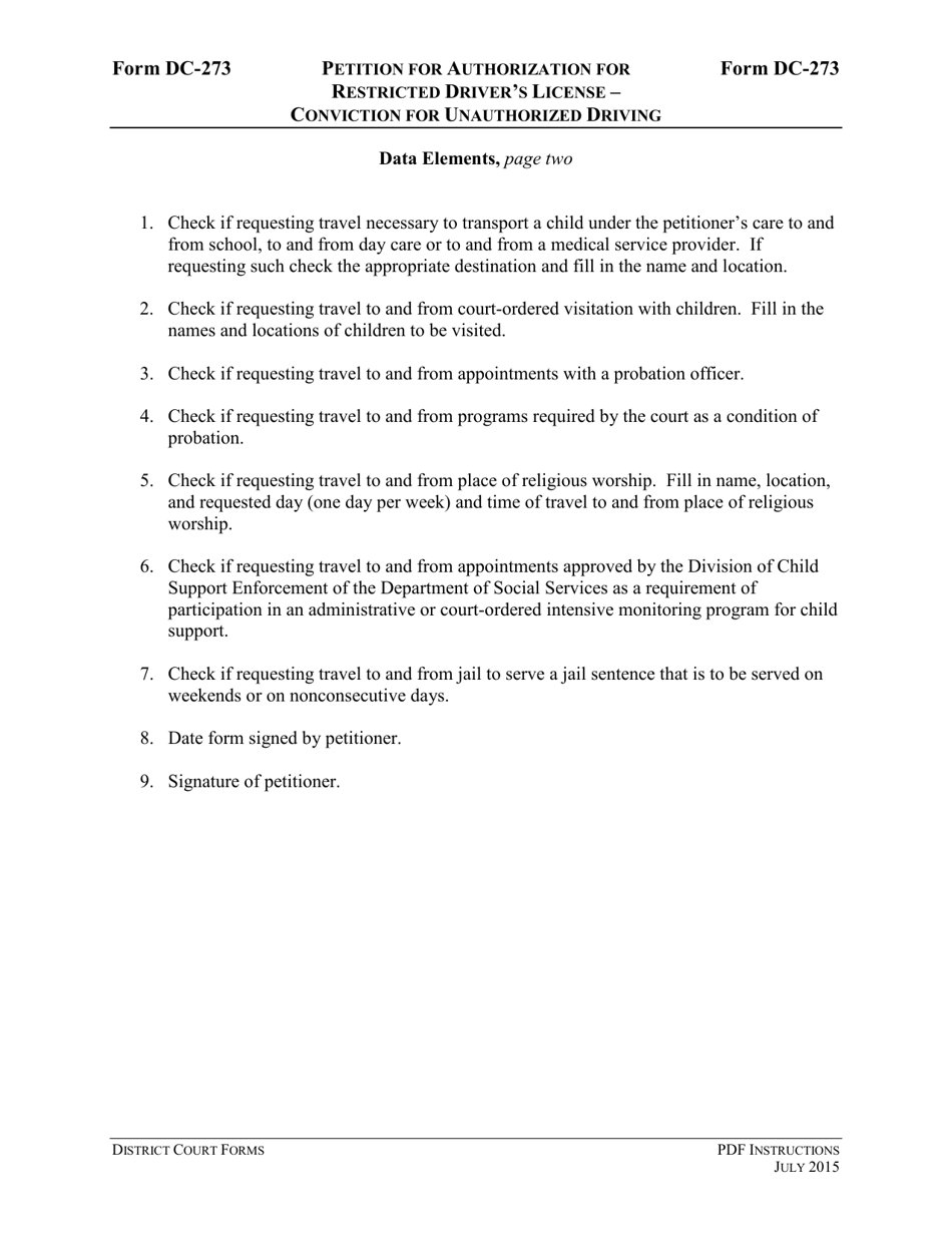 Instructions for Form DC-273 Petition for Authorization for Restricted Drivers License - Conviction for Unauthorized Driving - Virginia, Page 5