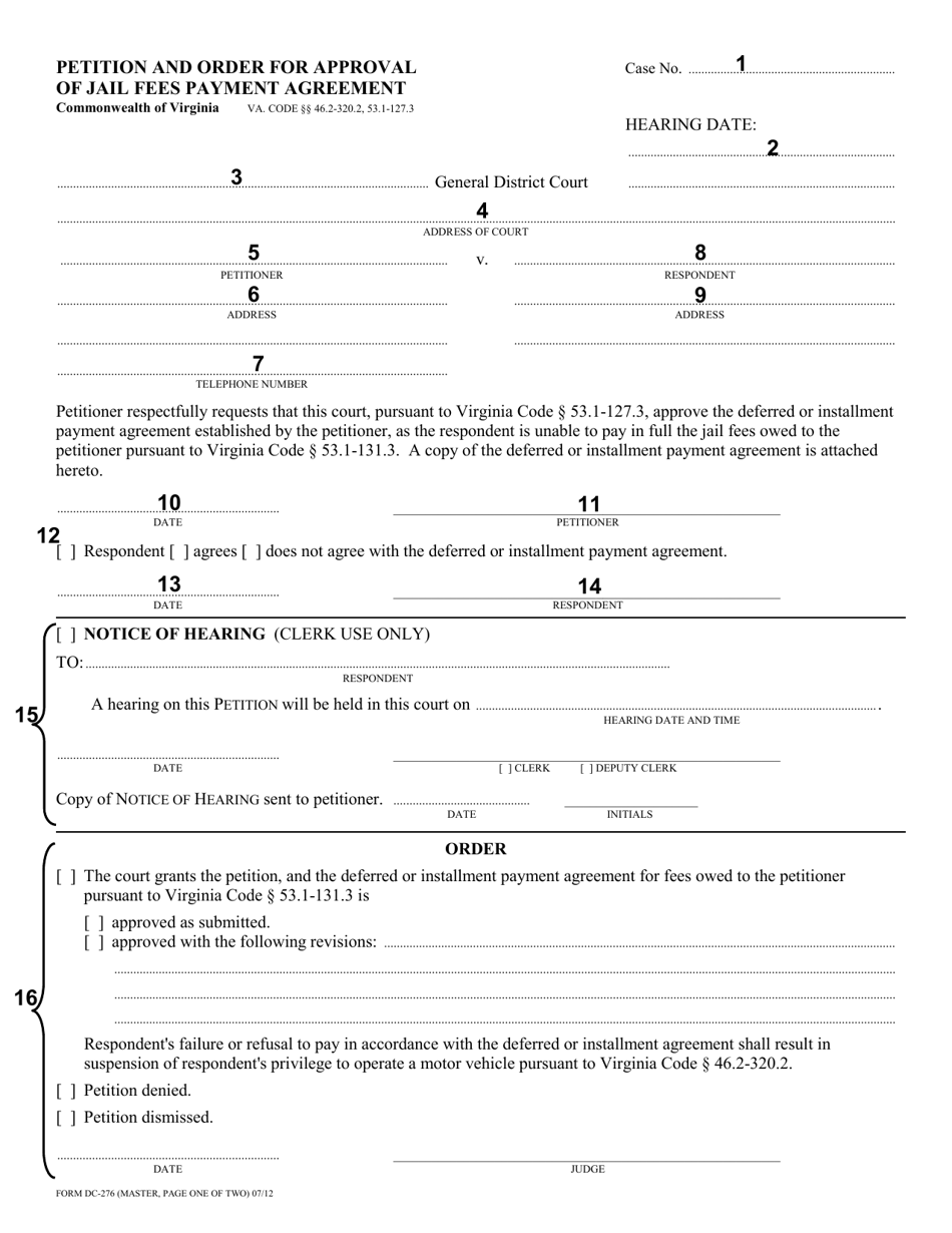 Instructions for Form DC-276 Petition and Order for Approval of Jail Fees Payment Agreement - Virginia, Page 2