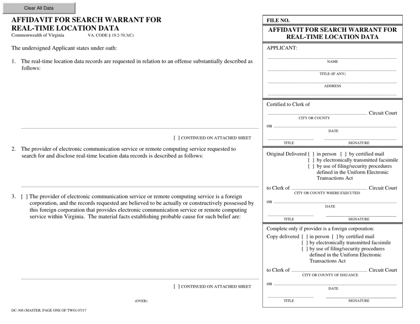 Form DC-308 Affidavit for Search Warrant for Real-Time Location Data - Virginia