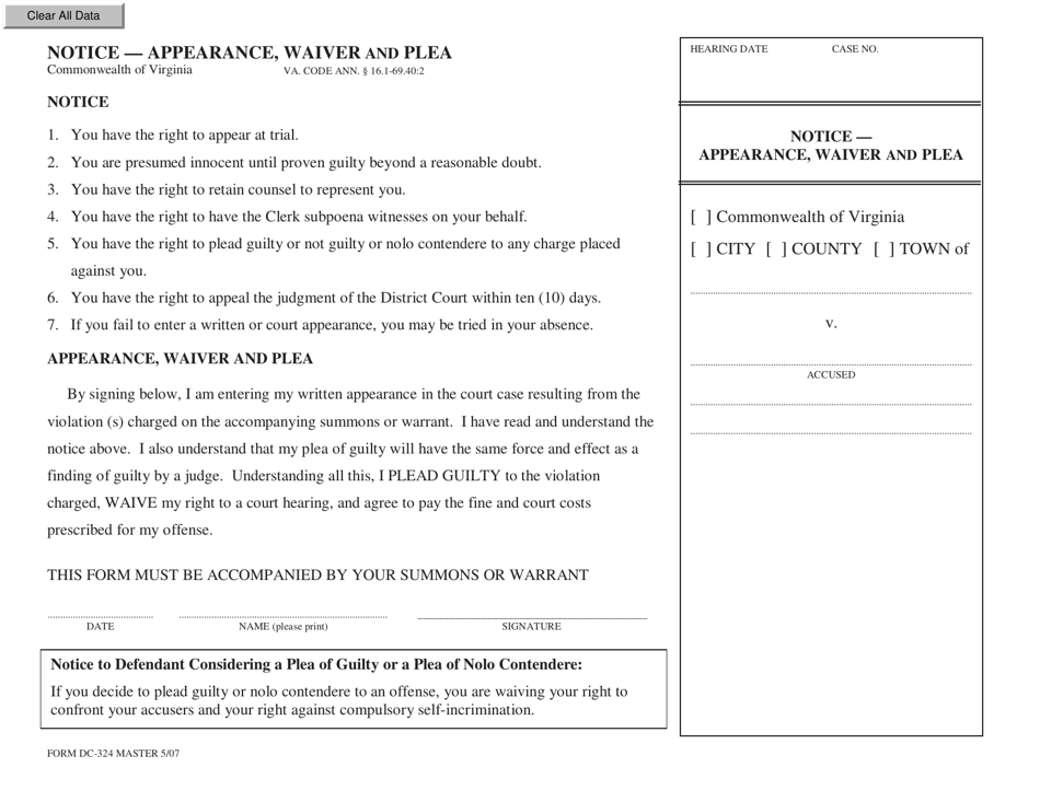 Form DC-324 Notice - Appearance, Waiver and Plea - Virginia, Page 1