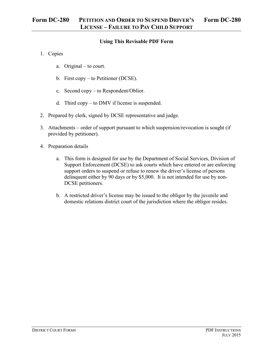 Instructions for Form DC-280 Petition and Order to Suspend Drivers License - Failure to Pay Child Support - Virginia, Page 1