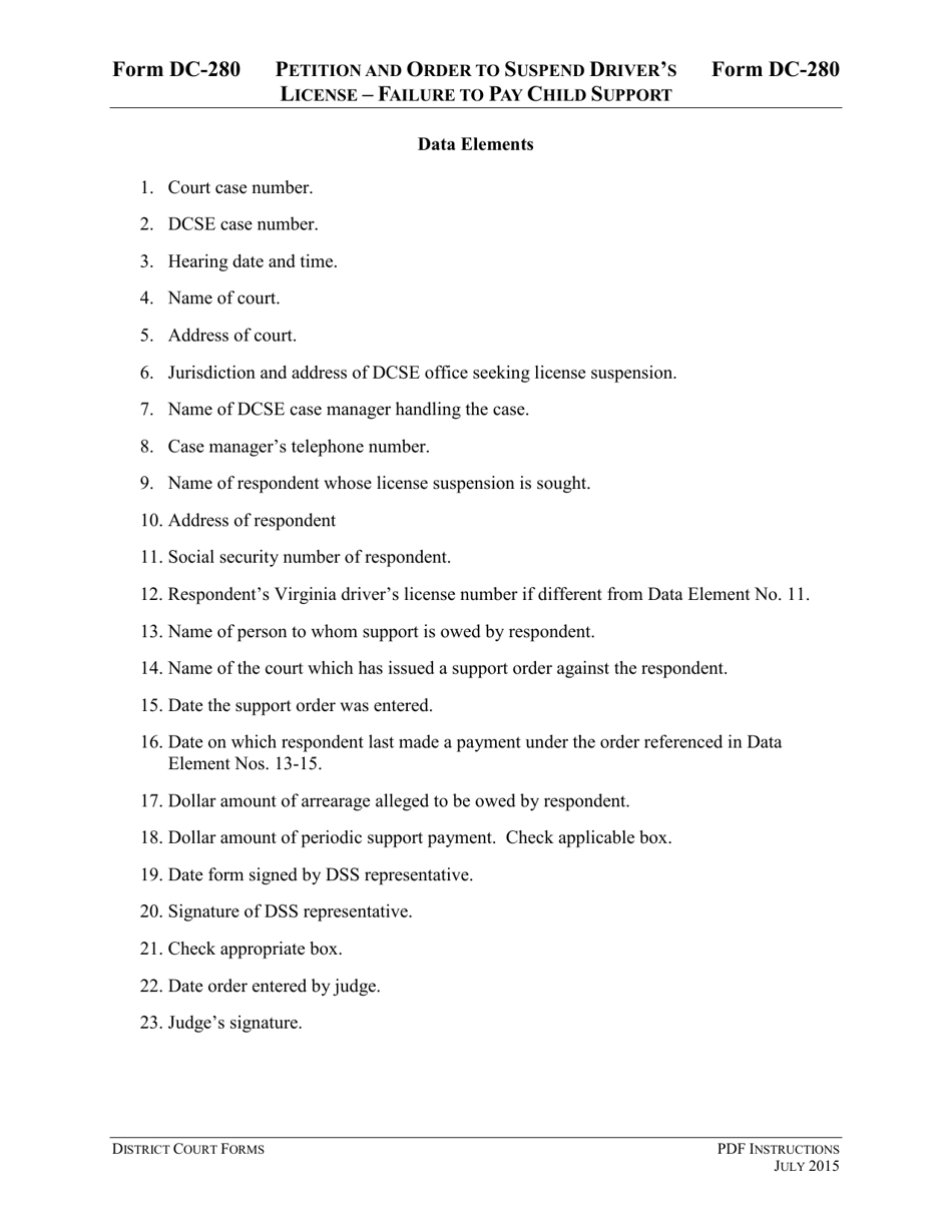 Instructions for Form DC-280 Petition and Order to Suspend Drivers License - Failure to Pay Child Support - Virginia, Page 3