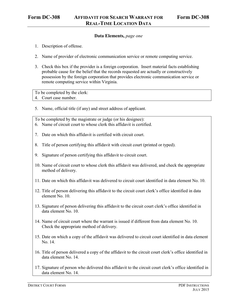 Instructions for Form DC-308 Affidavit for Search Warrant for Real-Time Location Data - Virginia, Page 3
