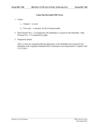 Document preview: Instructions for Form DC-344 Motion to Waive Court Appearance - Virginia