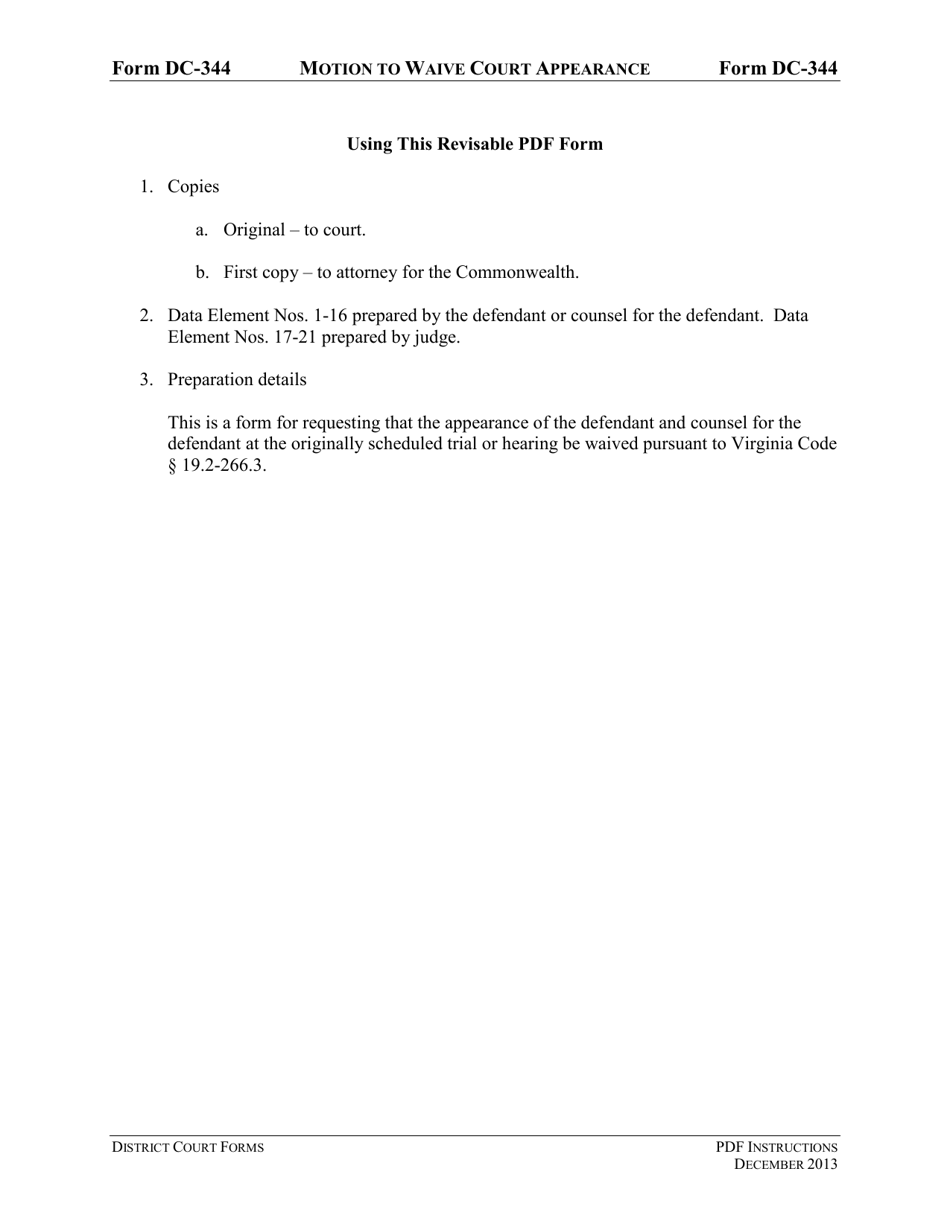 Instructions for Form DC-344 Motion to Waive Court Appearance - Virginia, Page 1