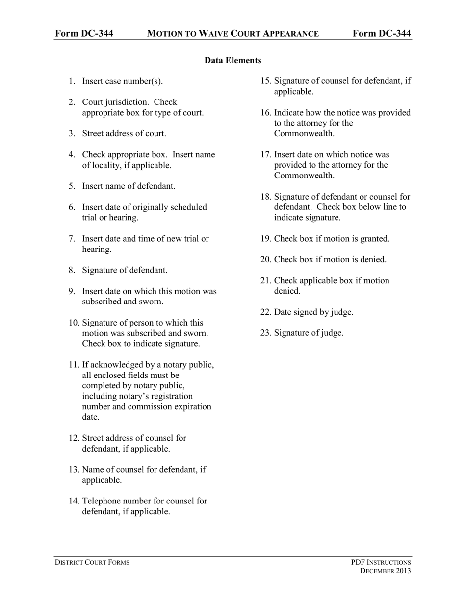 Instructions for Form DC-344 Motion to Waive Court Appearance - Virginia, Page 3