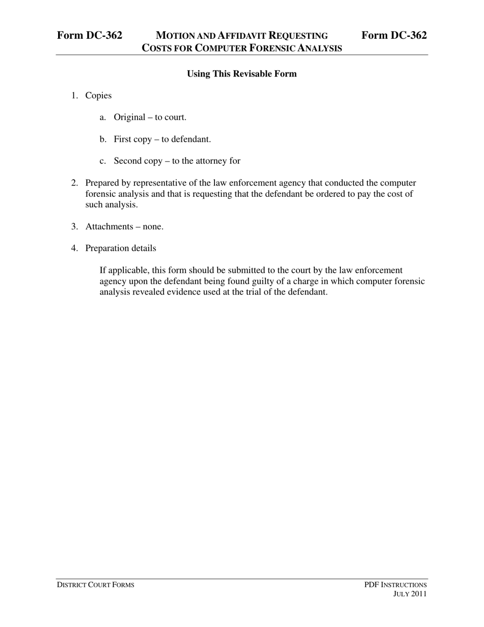 Instructions for Form DC-362 Motion and Affidavit Requesting Costs for Computer Forensic Analysis - Virginia, Page 1