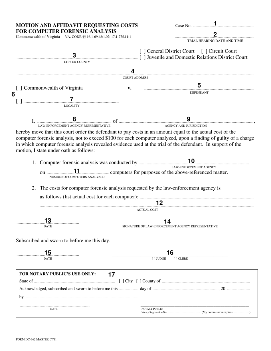 Instructions for Form DC-362 Motion and Affidavit Requesting Costs for Computer Forensic Analysis - Virginia, Page 2