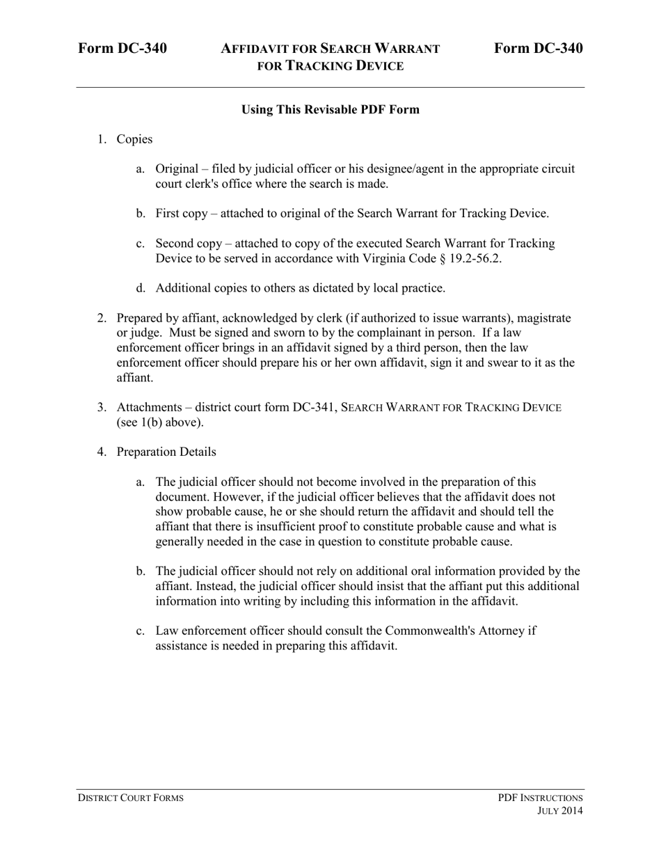Instructions for Form DC-340 Affidavit for Search Warrant for Tracking Device - Virginia, Page 1