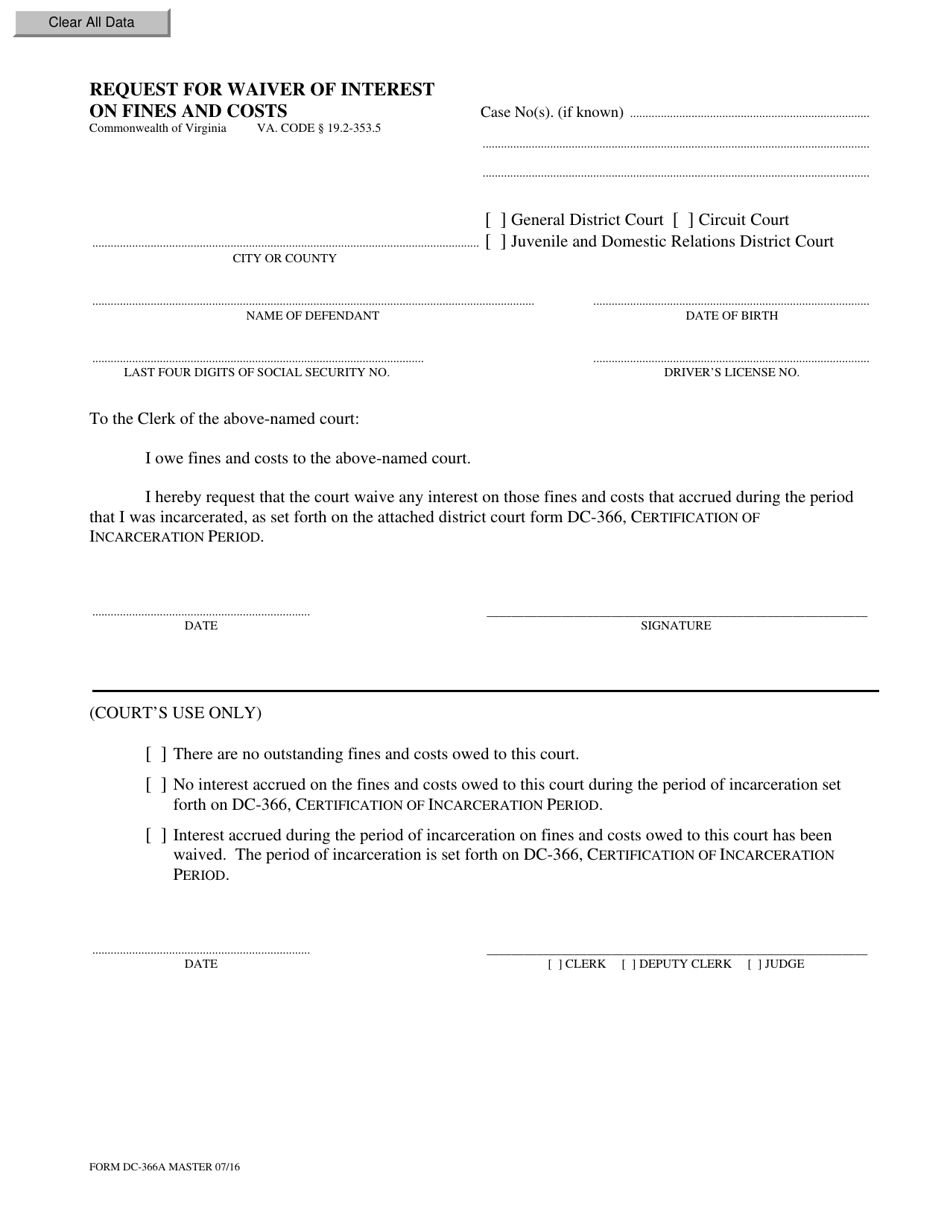 Form DC-366A Request for Waiver of Interest on Fines and Costs - Virginia, Page 1